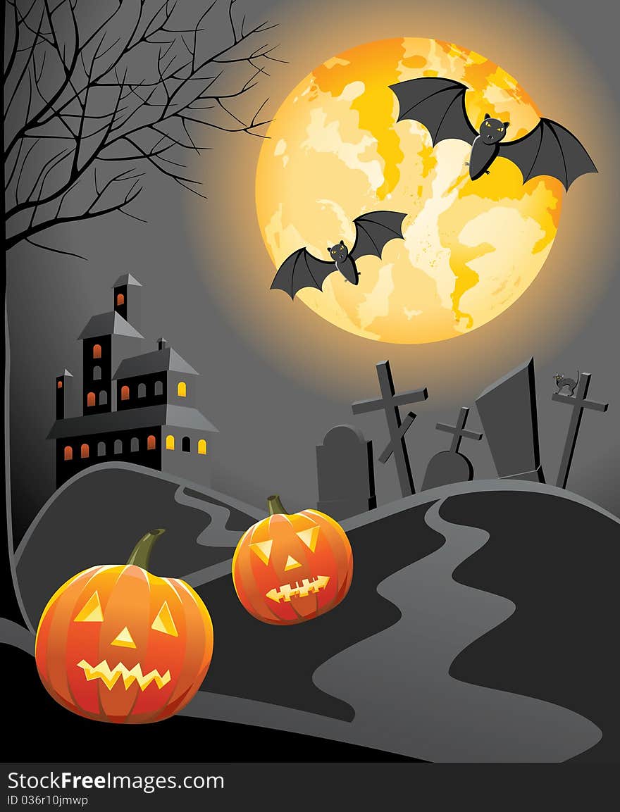 Halloween background with moon, pumpkins and cemetery