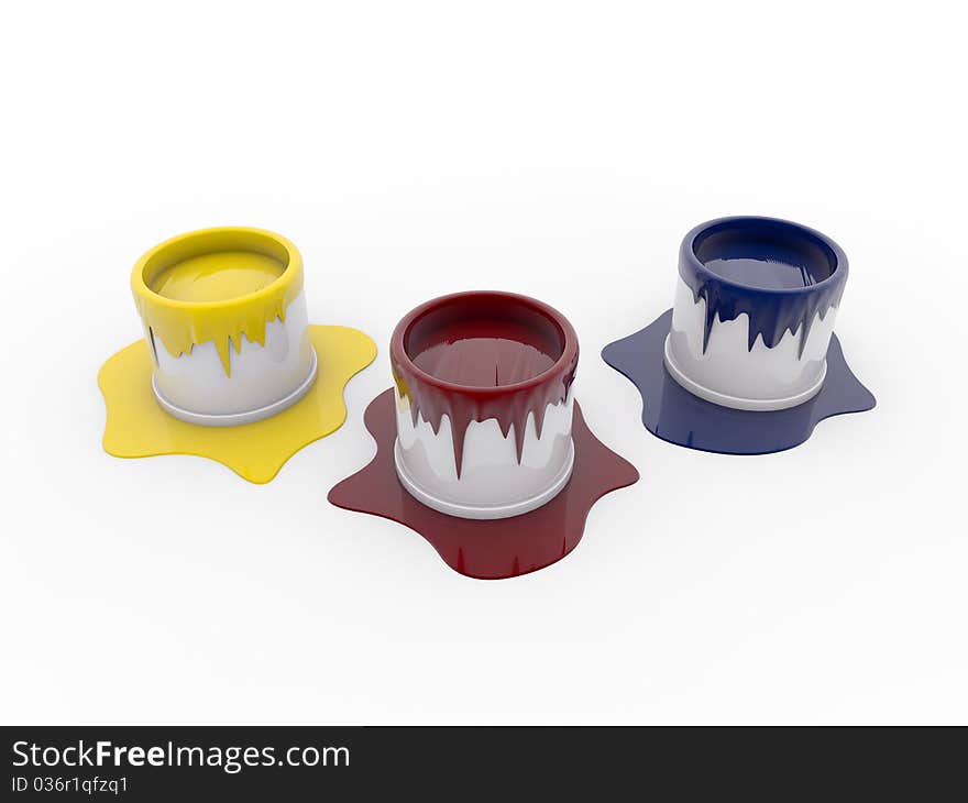 Paint pots with three different colors isolated on white background. Paint pots with three different colors isolated on white background