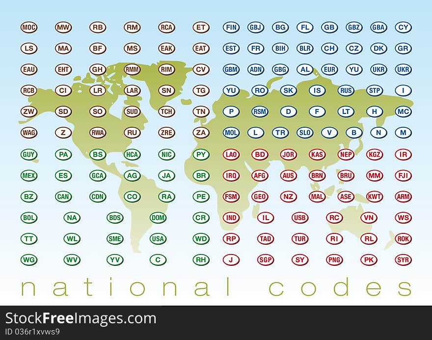 National codes on world map background