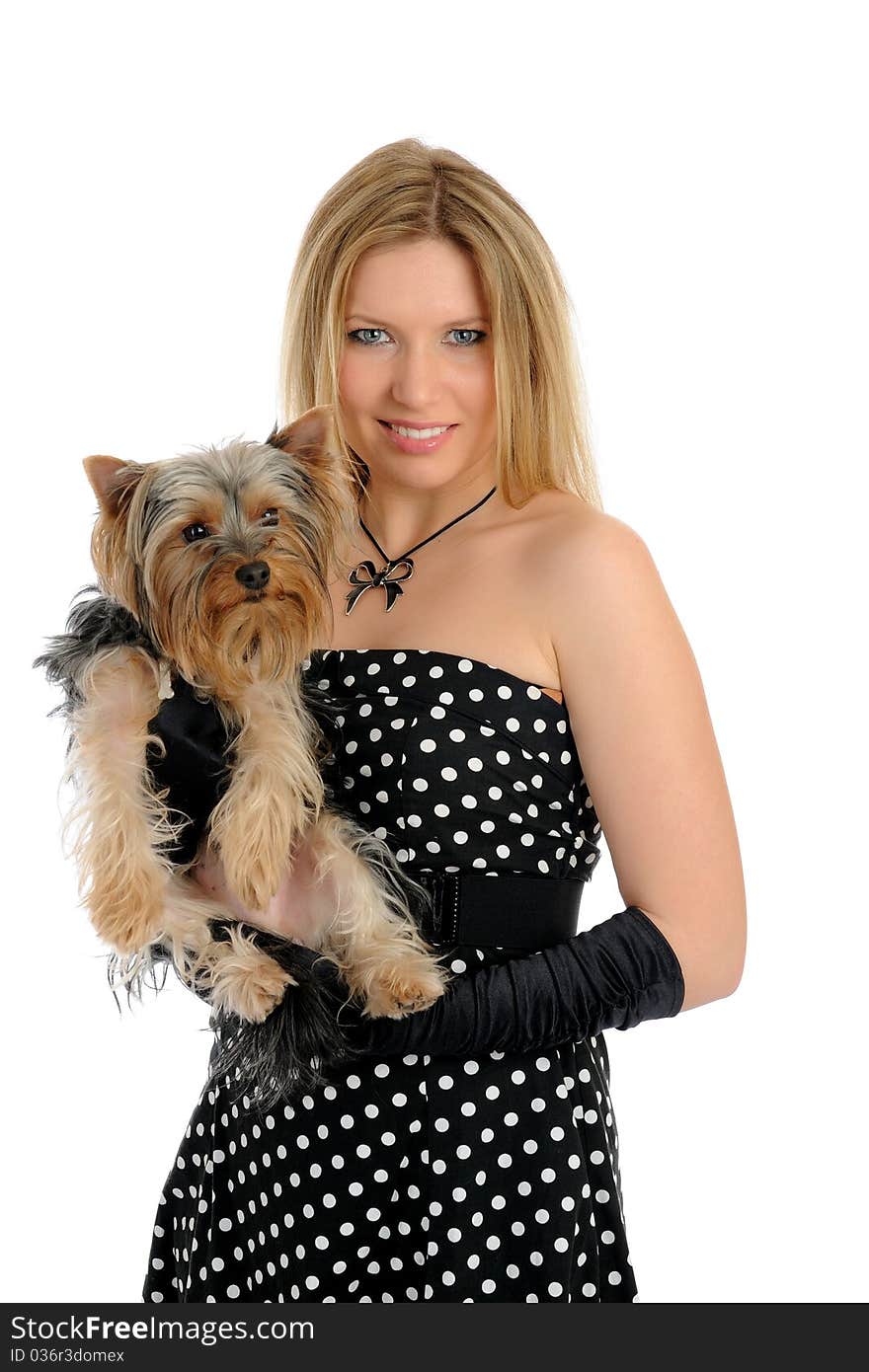 Beautiful girl with small cute york terrier dog