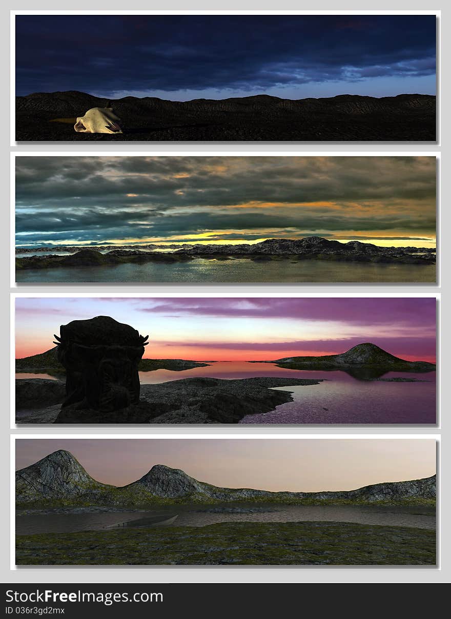 Four different fantasy landscapes for banner