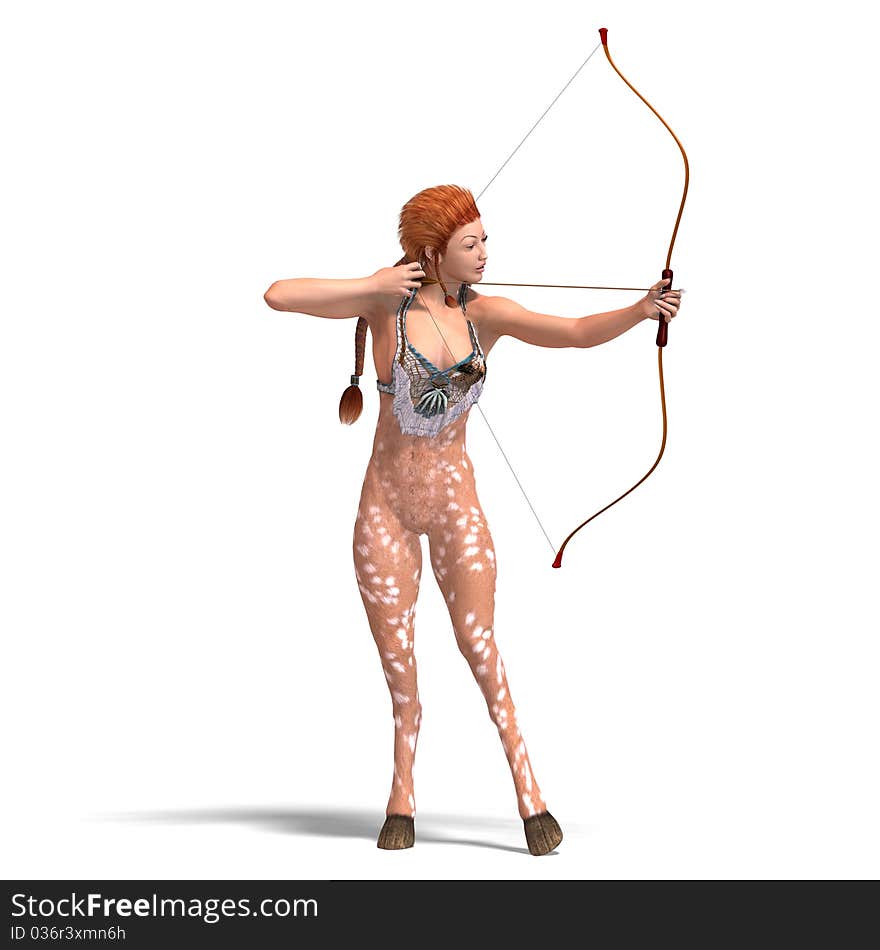 Female fantasy deer with bow. 3D rendering with clipping path and shadow over white