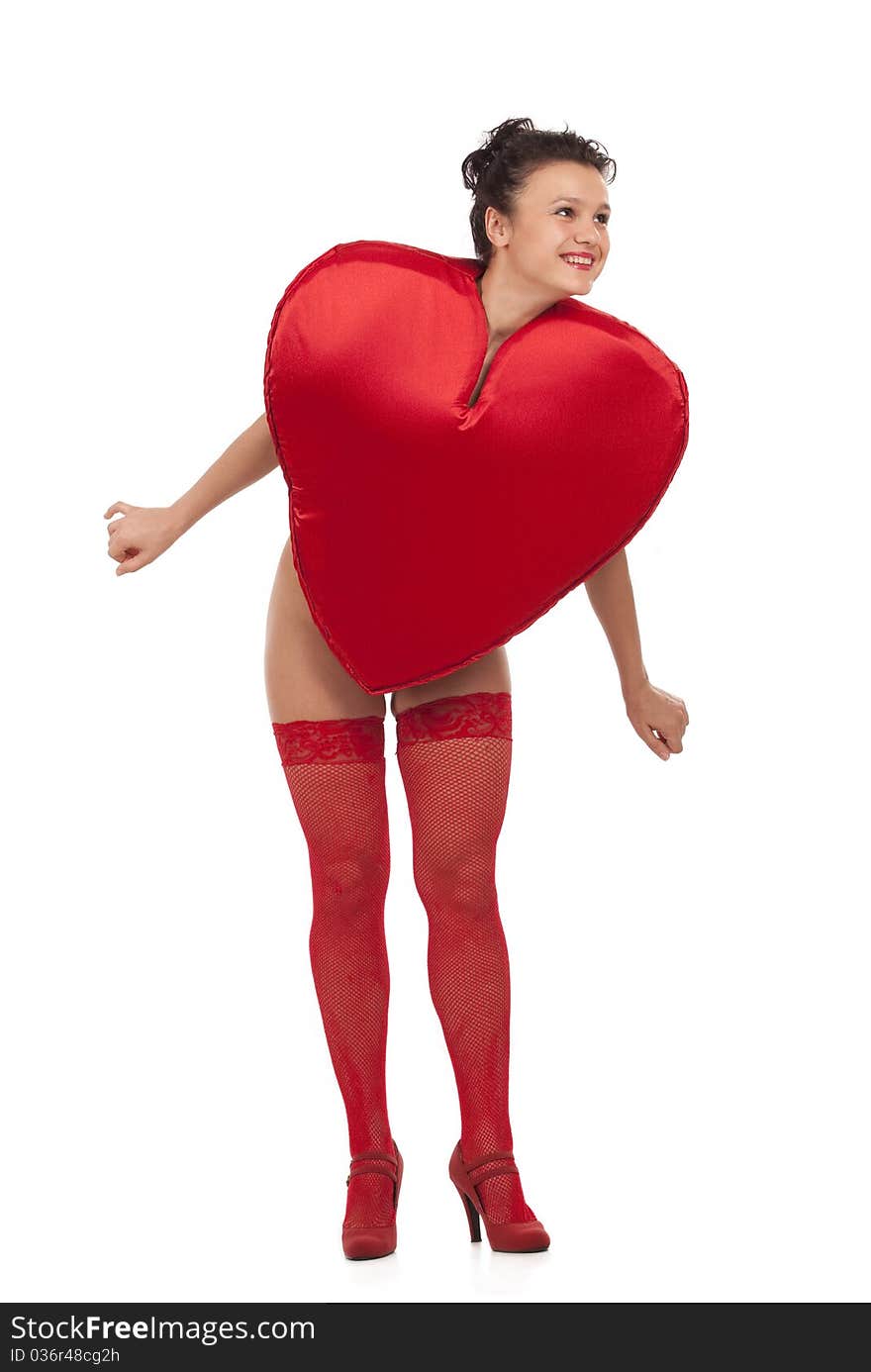 Young woman in Heart suit over white. Young woman in Heart suit over white