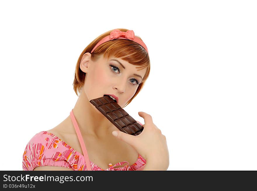 Beautiful Woman Eating Chocolate Bar.isolated