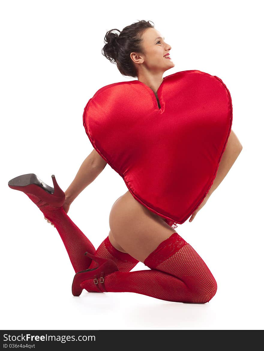 Young woman in Heart suit over white. Young woman in Heart suit over white