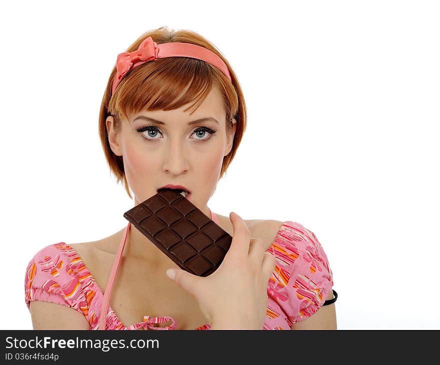 Beautiful Woman Eating Chocolate Bar.isolated