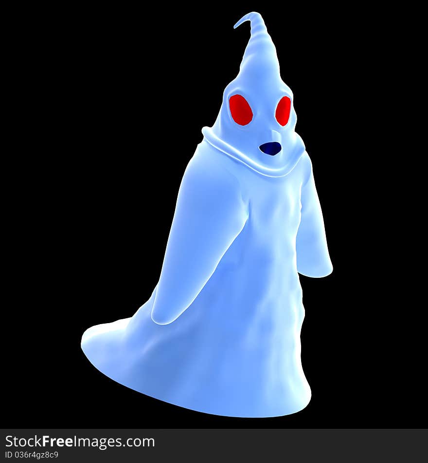 Funny cartoon ghost. 3D rendering with clipping path and shadow over white