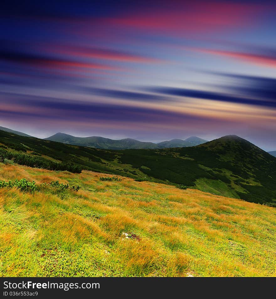 Majestic sunset in the mountains landscape. HDR image. Majestic sunset in the mountains landscape. HDR image