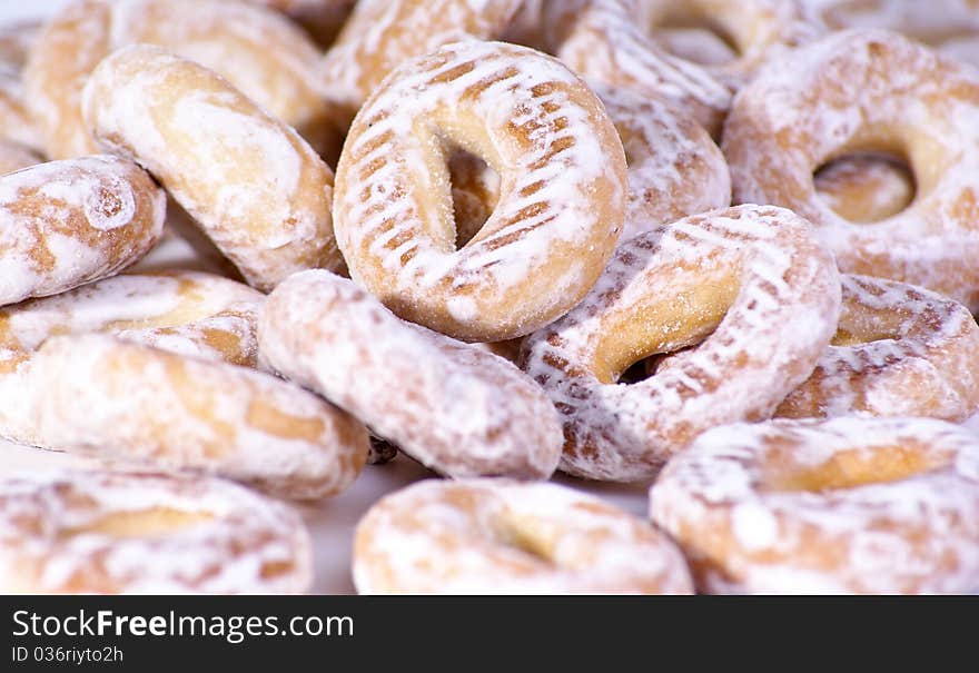 Many ring bagels on background