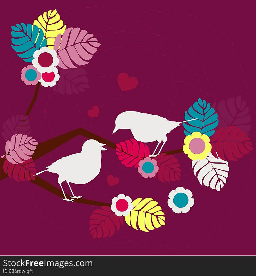 Stylized floral background - birds sitting on a tree. Stylized floral background - birds sitting on a tree