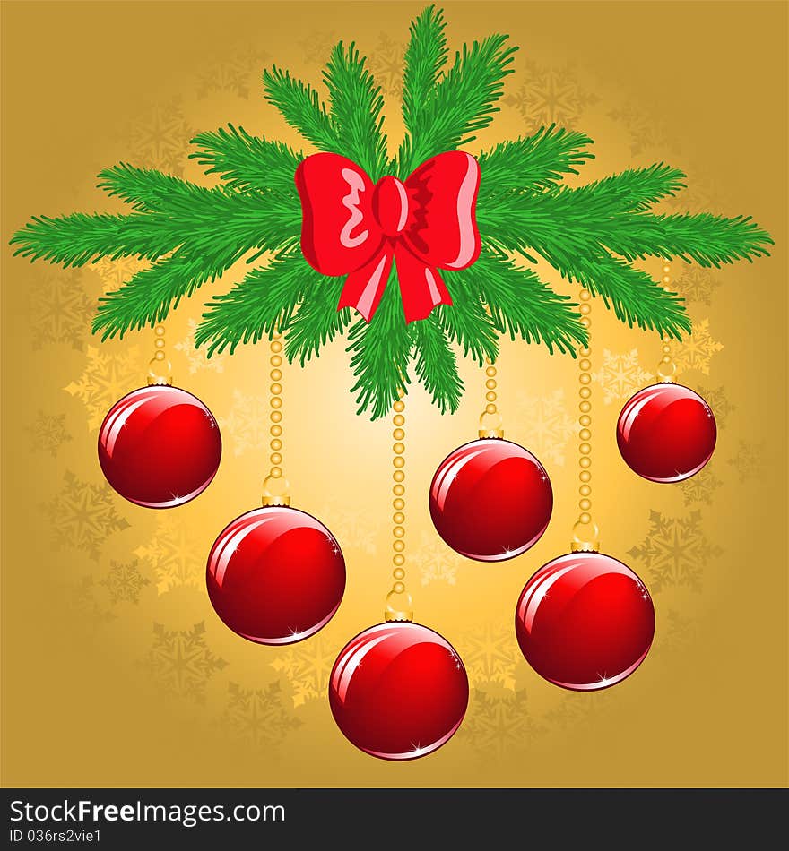 New Year's golden background with fir branches and red balls. New Year's golden background with fir branches and red balls