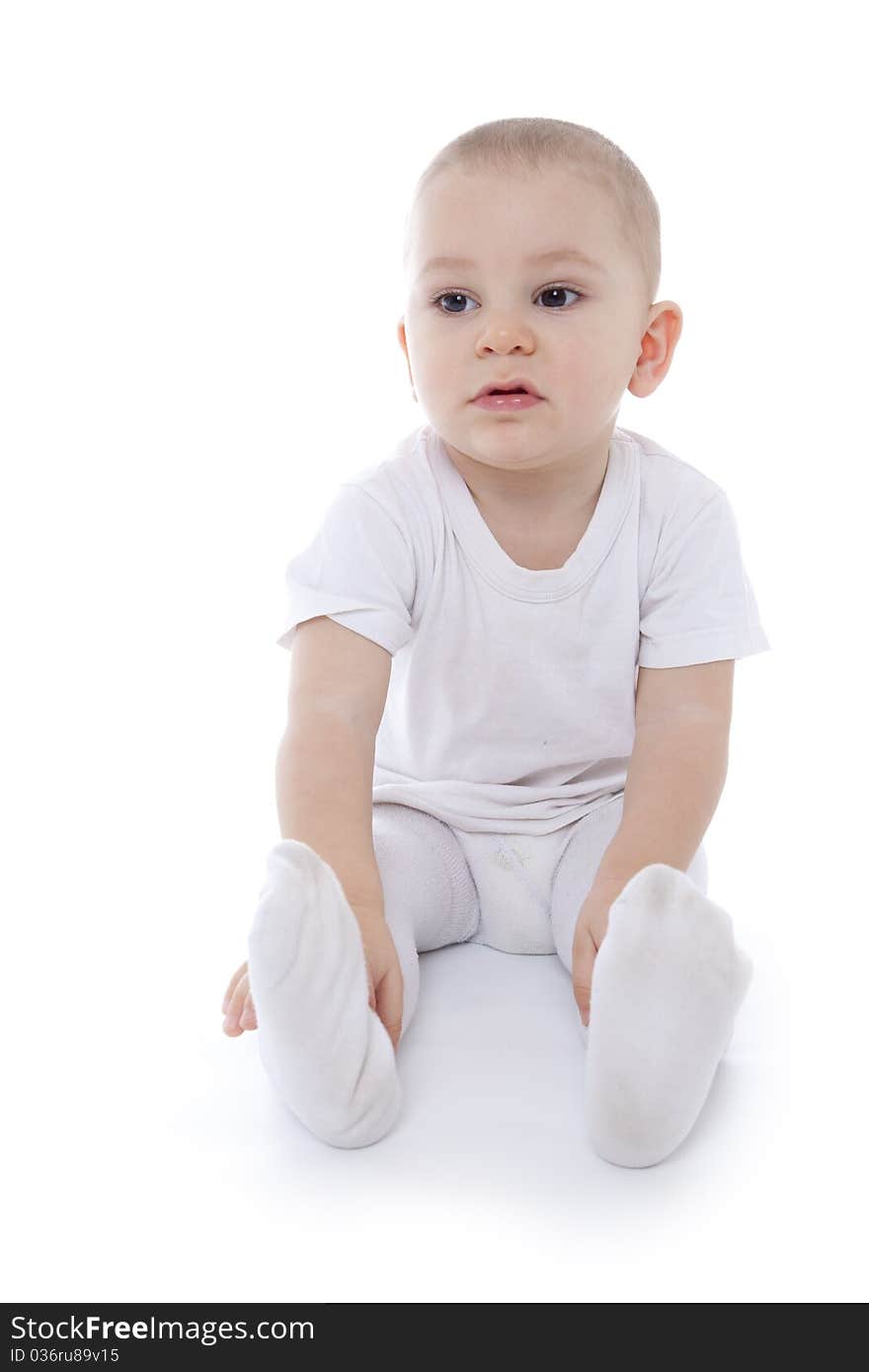 Bright closeup portrait of adorable baby over white