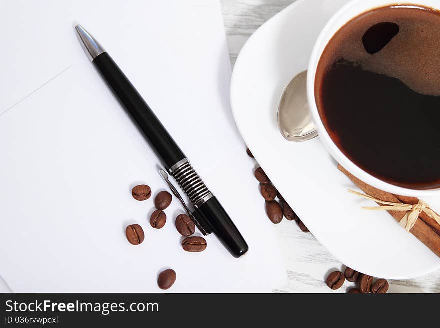 Coffee and letters with pen on the table. Coffee and letters with pen on the table