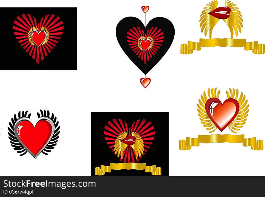 Hearts with wings and banners and also lips,in a set, for St. Valentines Day or a romantic usage. Hearts with wings and banners and also lips,in a set, for St. Valentines Day or a romantic usage.