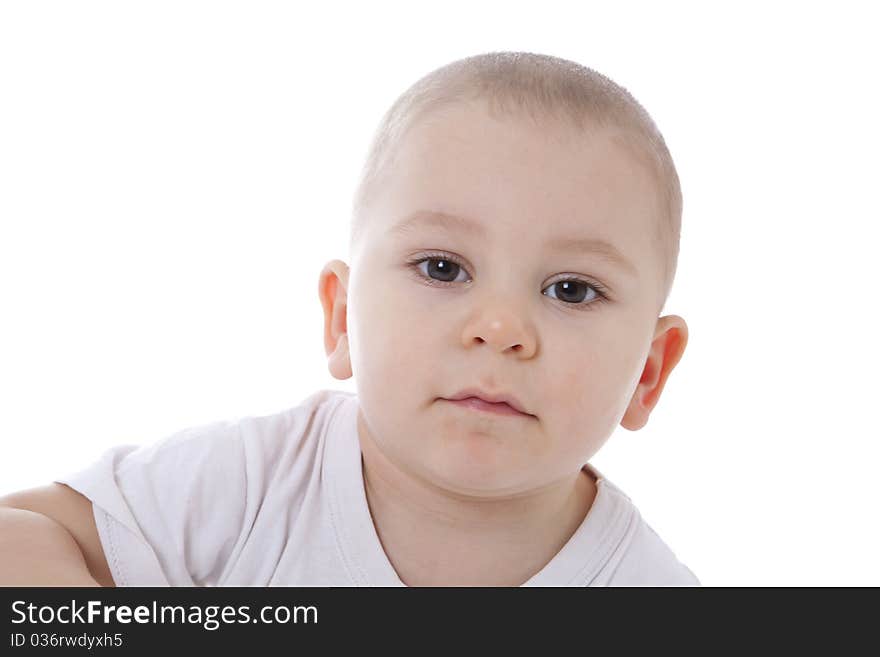 Bright closeup portrait of adorable baby over white