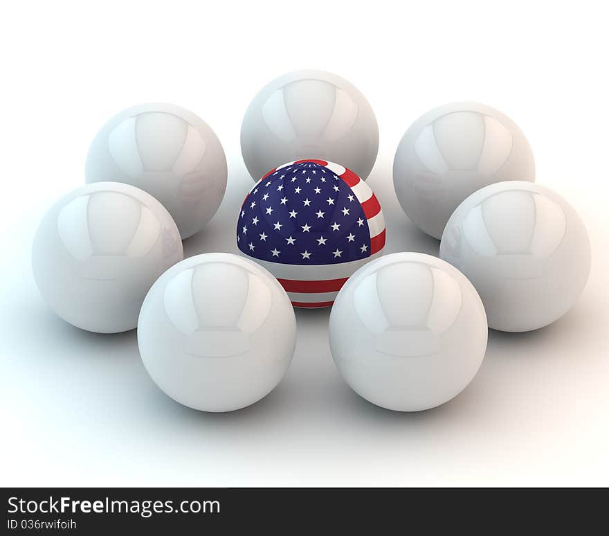 Sphere with a flag of America in an environment of white spheres. Sphere with a flag of America in an environment of white spheres