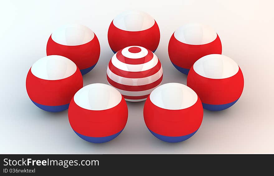 Abstract sphere with the American flag in an environment of abstract spheres with the Russian flag. Abstract sphere with the American flag in an environment of abstract spheres with the Russian flag