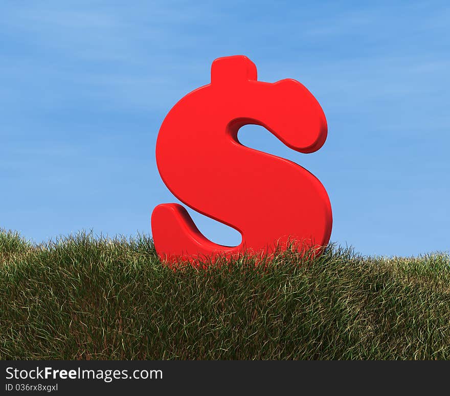 3d red dollar sign on a grass