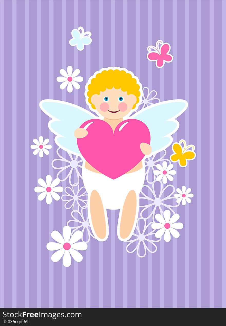 Cute cupid with heart, flowers and butterflies