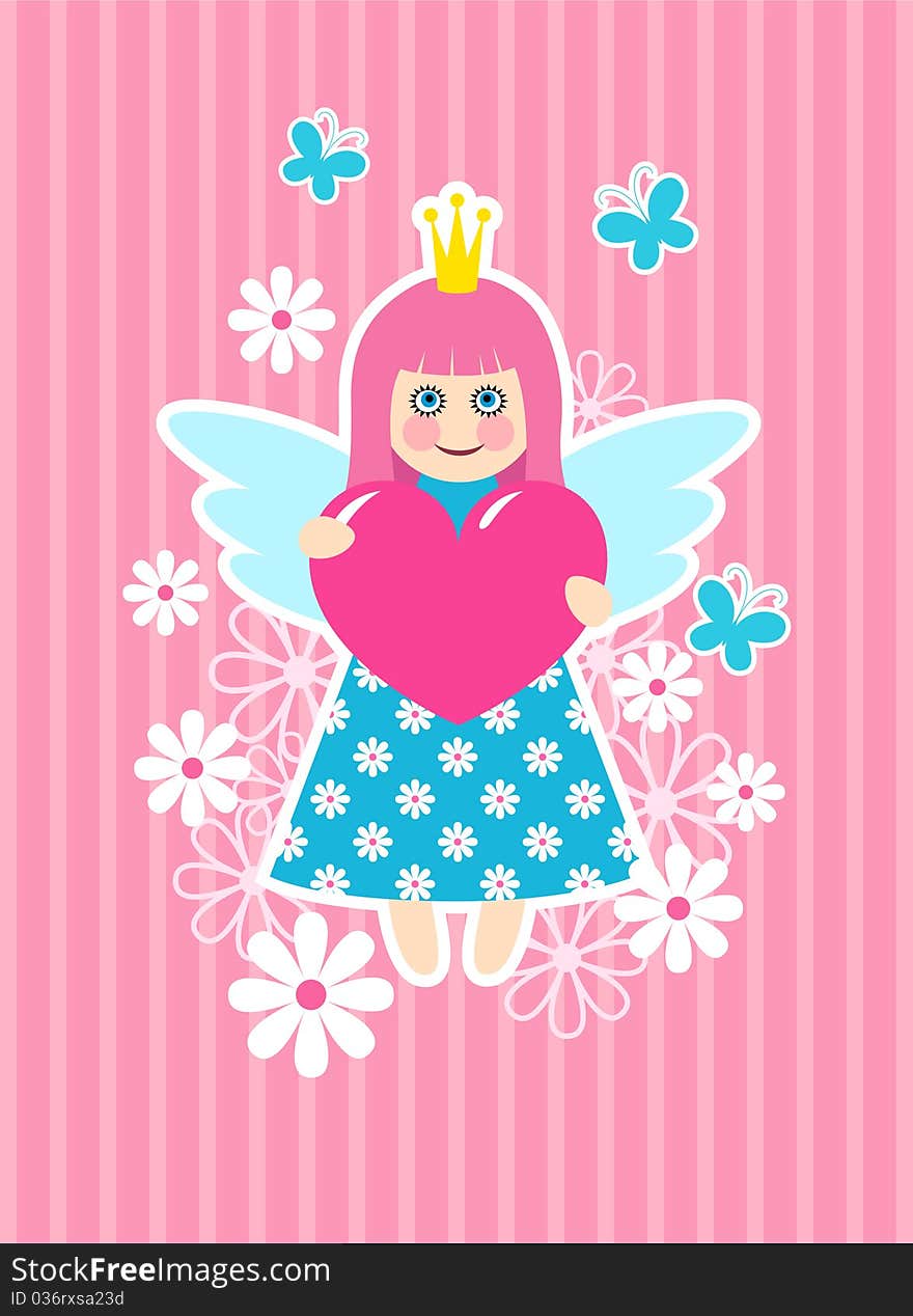 Cute princess on pink background with heart