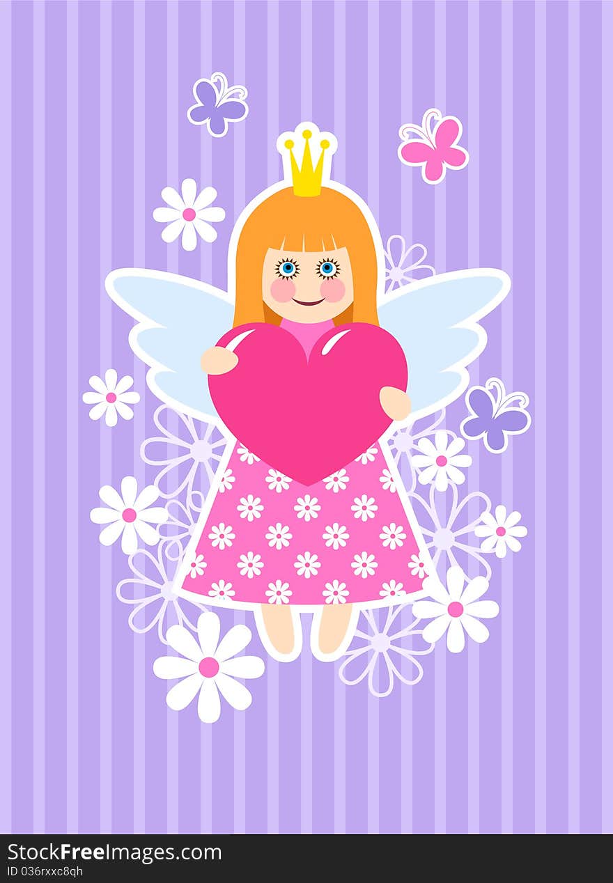 Cute princess with heart, flowers and butterflies