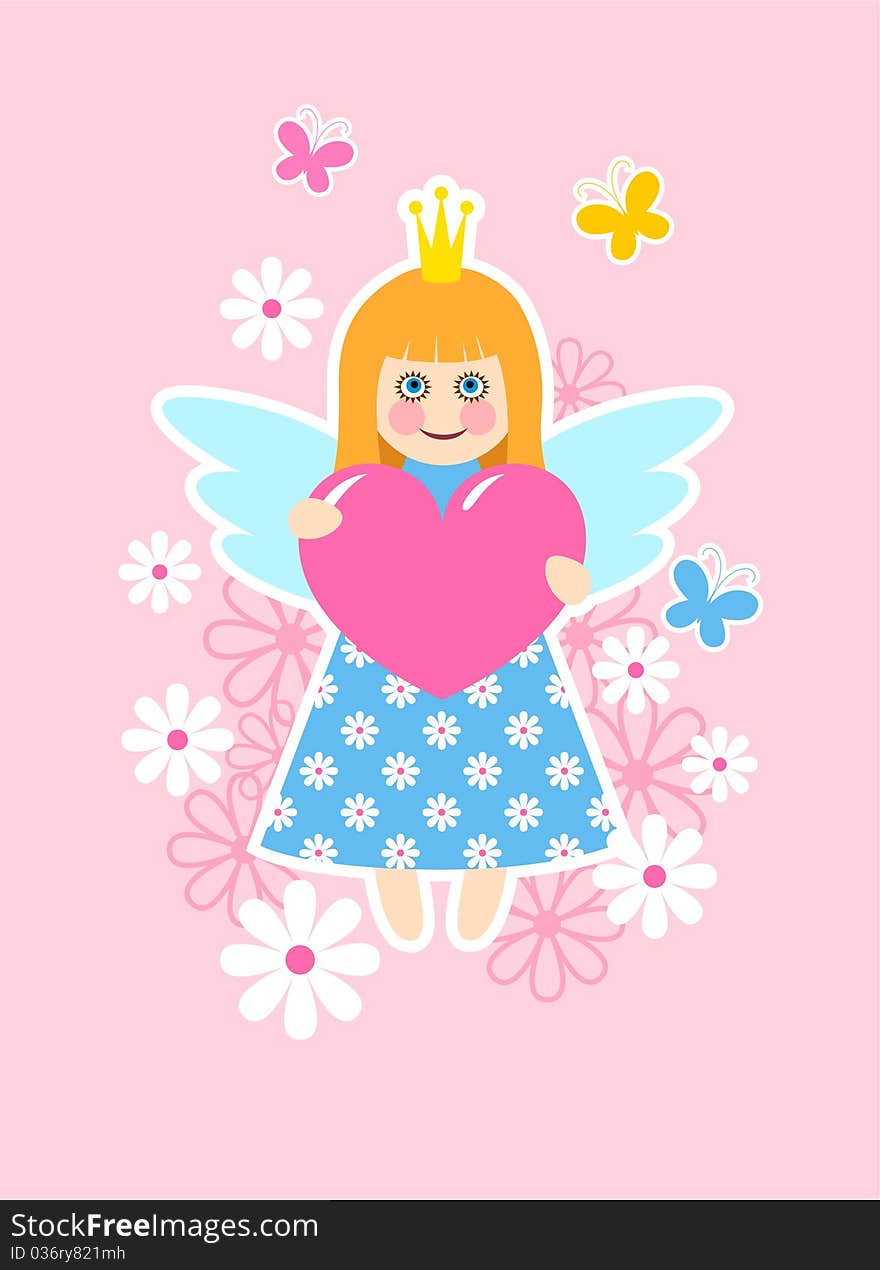 Cute princess on pink background with heart