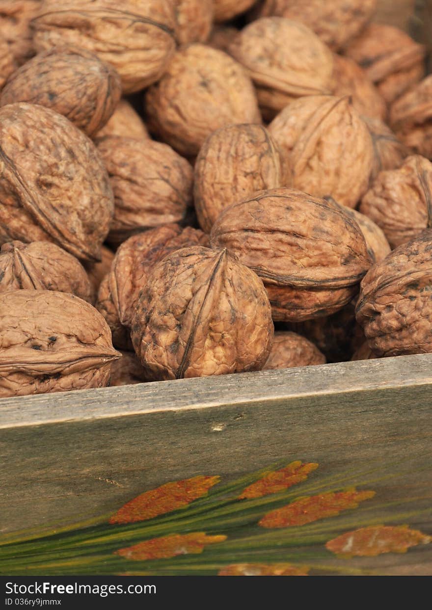 Nuts in a wooden basket. Nuts in a wooden basket