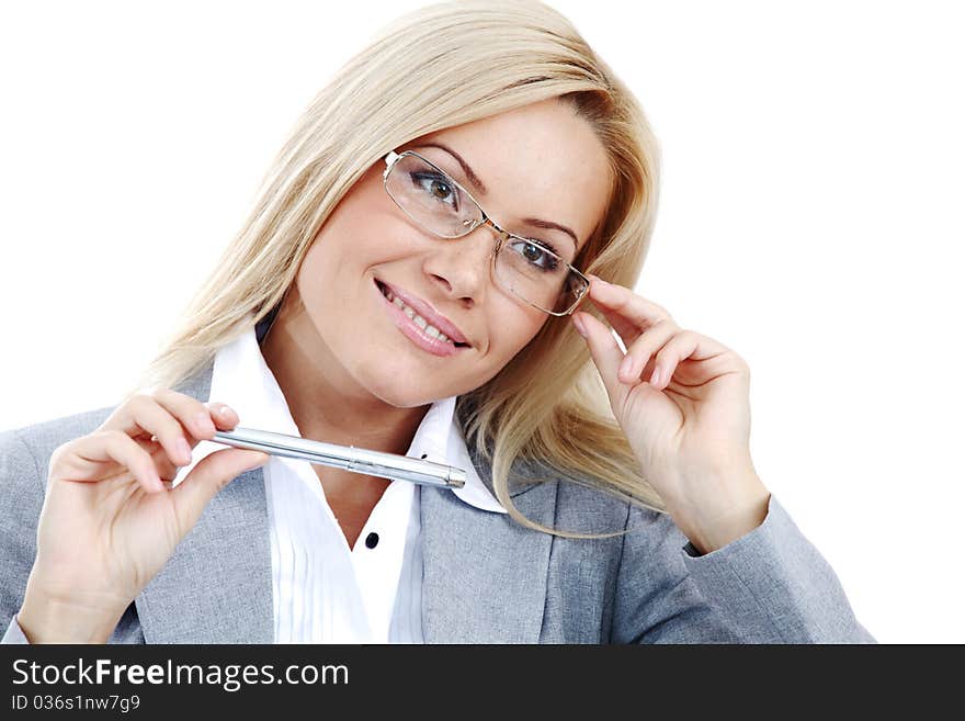 Business woman in glasses on white background pen in hands