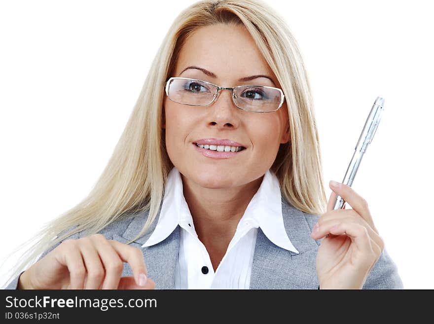 Business woman in glasses on white background pen in hands