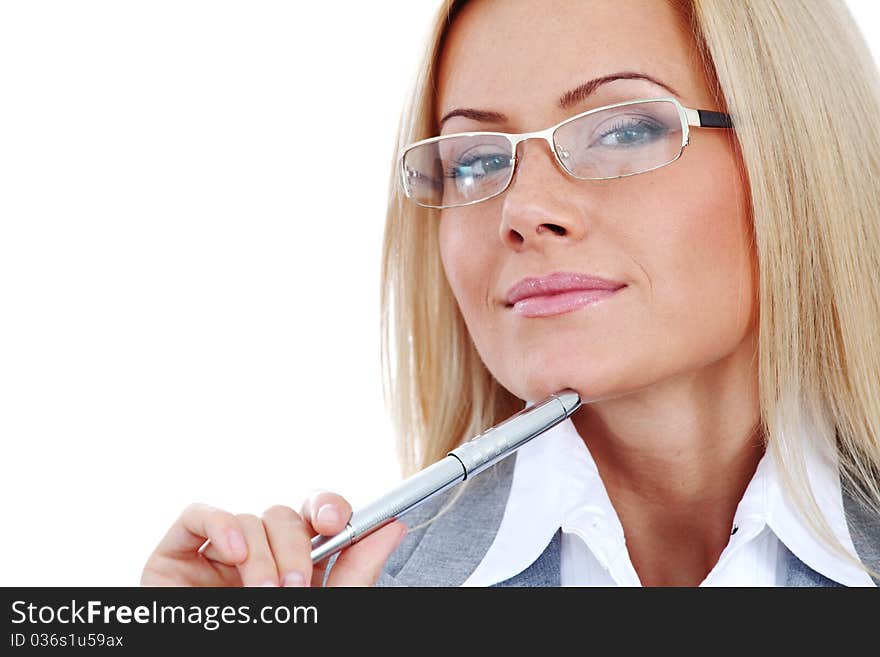 Business woman in glasses on white background pen in hands