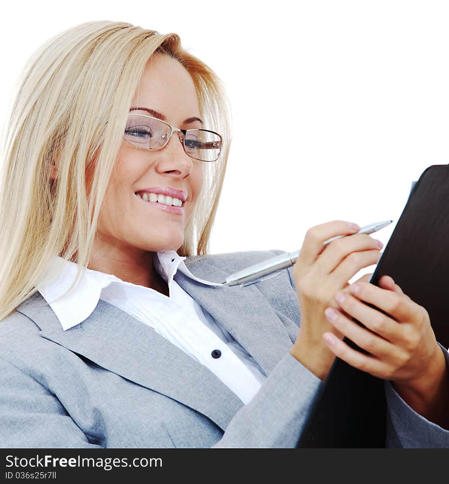 Business Woman Hold A Folder And Write