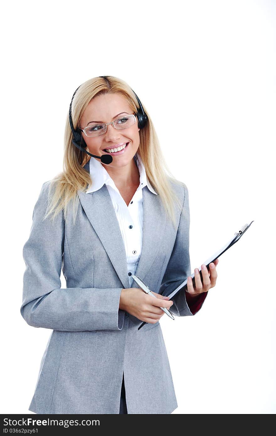 Woman call with headset close portrait