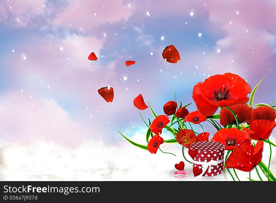 Romantic Poppyes on a background blue sky with snow