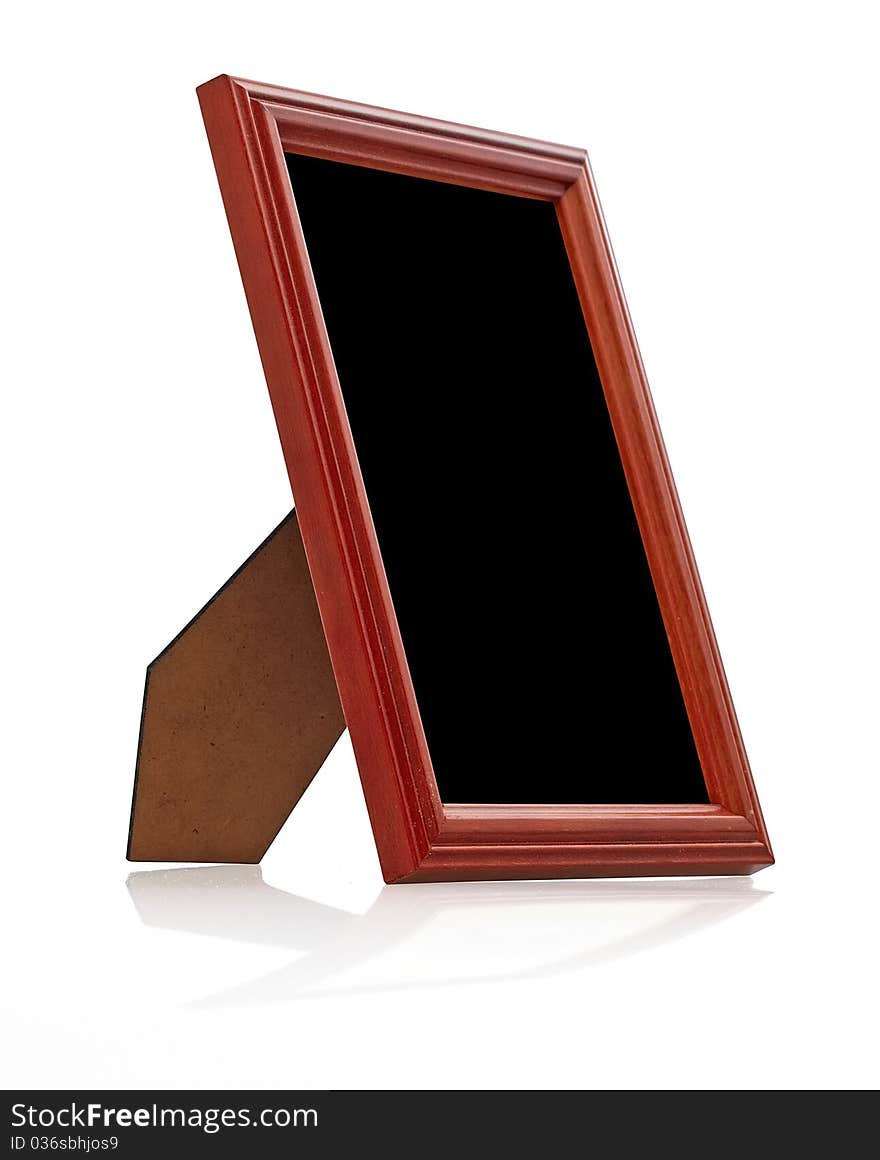 Wooden photo frame on white background with reflection