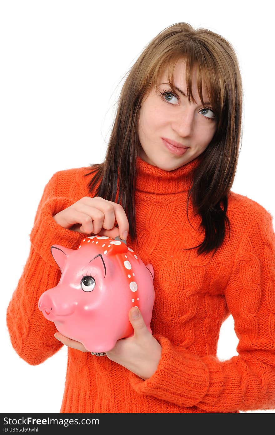 Young beautiful woman standing with piggy bank (money box), isolated on white background. Young beautiful woman standing with piggy bank (money box), isolated on white background