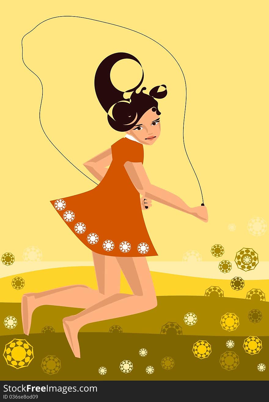 Illustration of a jump rope girl in a meadow