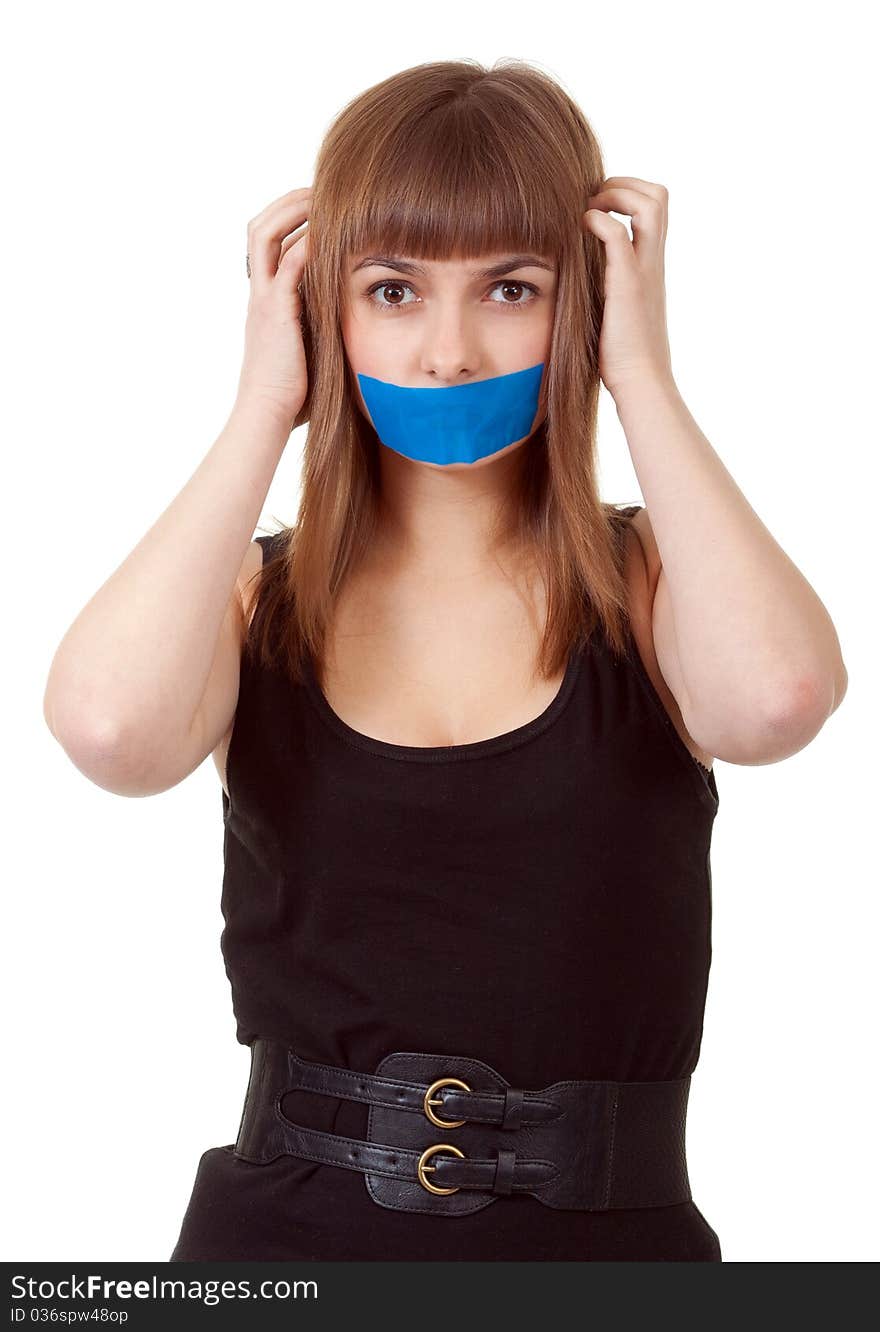 Beautiful girl with her mouth sealed with blue tape