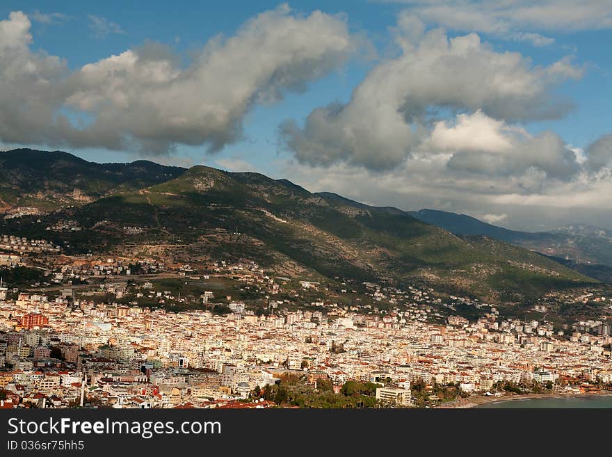 View of the city Alanya in Turkey against the backdrop of the mountains