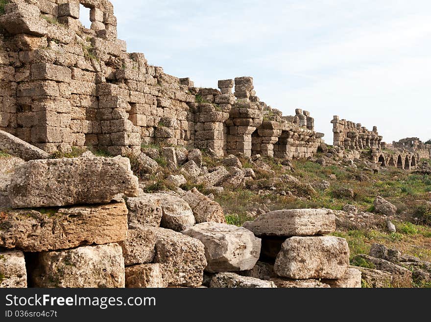 Ancient ruins in the town of Side, Turkey