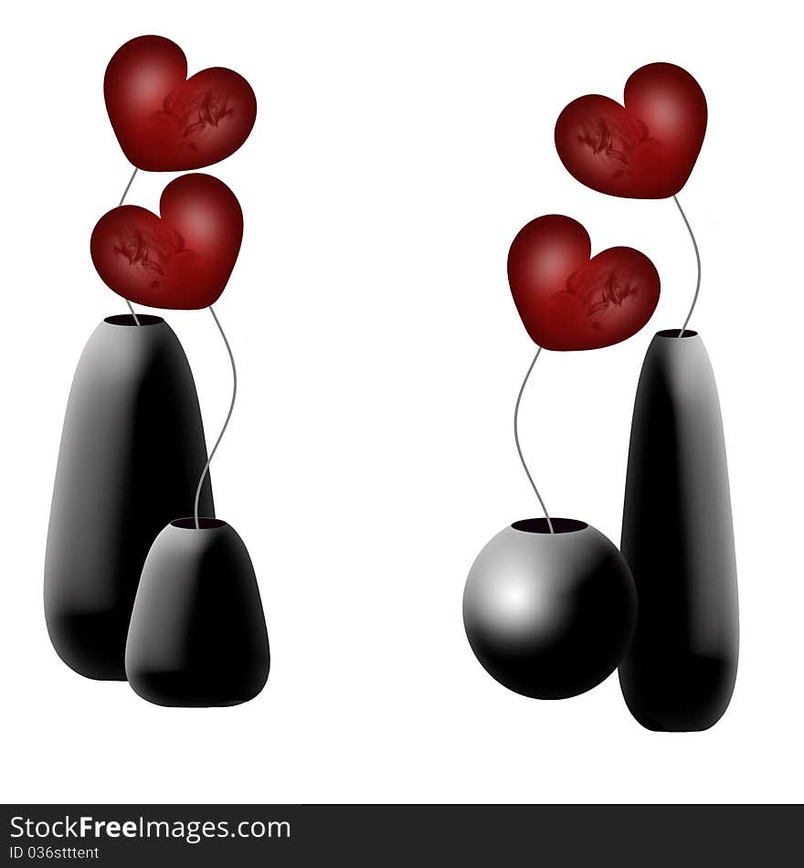 Valentine's background with vases with flowers hearts on white background