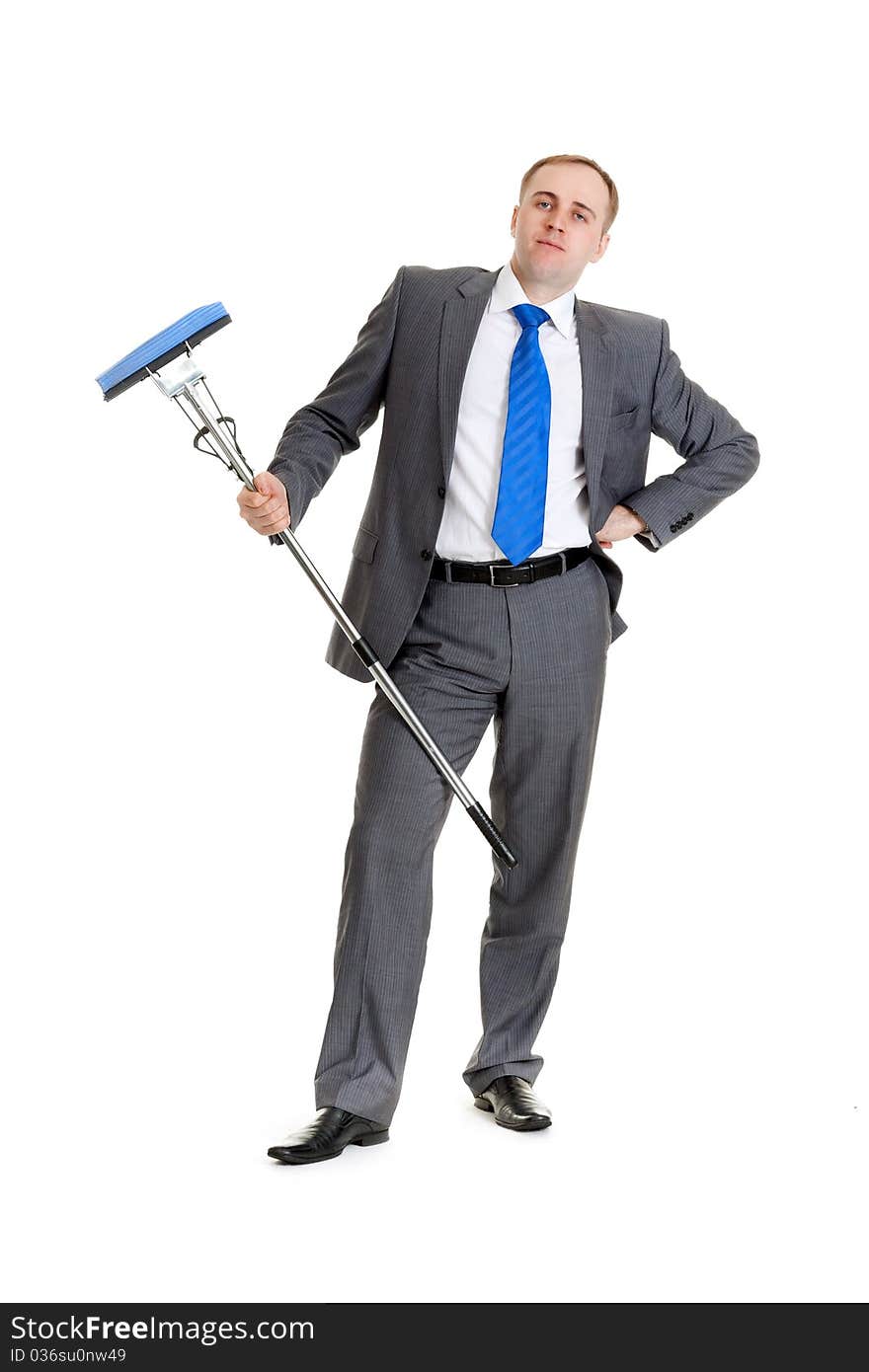 Businessman in a gray suit with a blue mop. Businessman in a gray suit with a blue mop