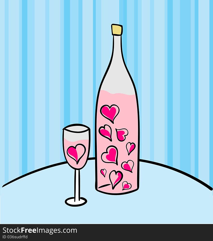 Pink wine bottle and glass