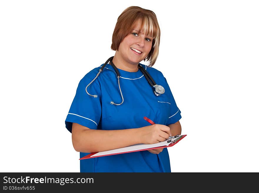 Young woman in blue uniform making notes - isolated. Young woman in blue uniform making notes - isolated