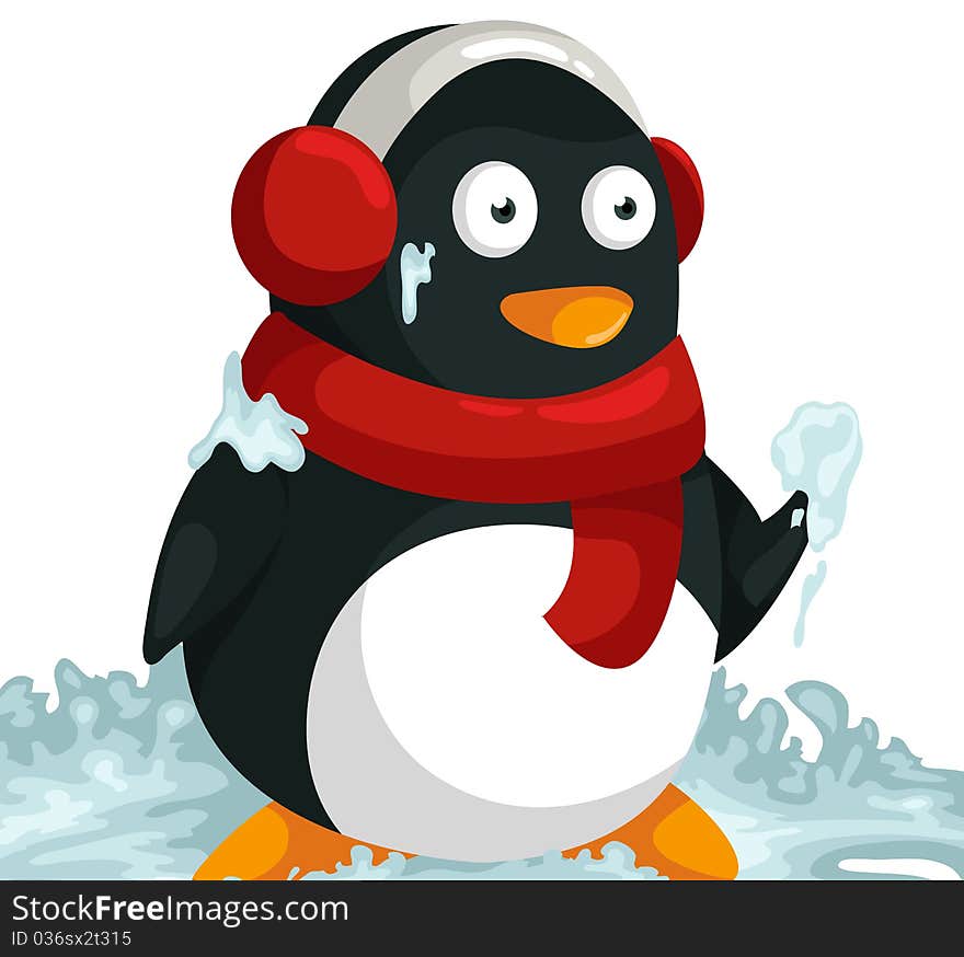 Illustration of cartoon penguin playing snow on white