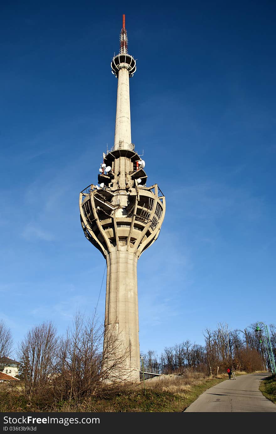 View at communication tower damaged by bomb. View at communication tower damaged by bomb.