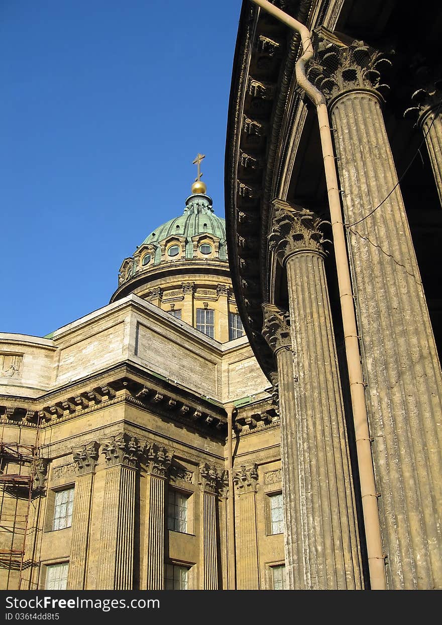 Vertical perspective view of pillars of Kazanskiy cathedral in St. Petersburg Russia. Vertical perspective view of pillars of Kazanskiy cathedral in St. Petersburg Russia.