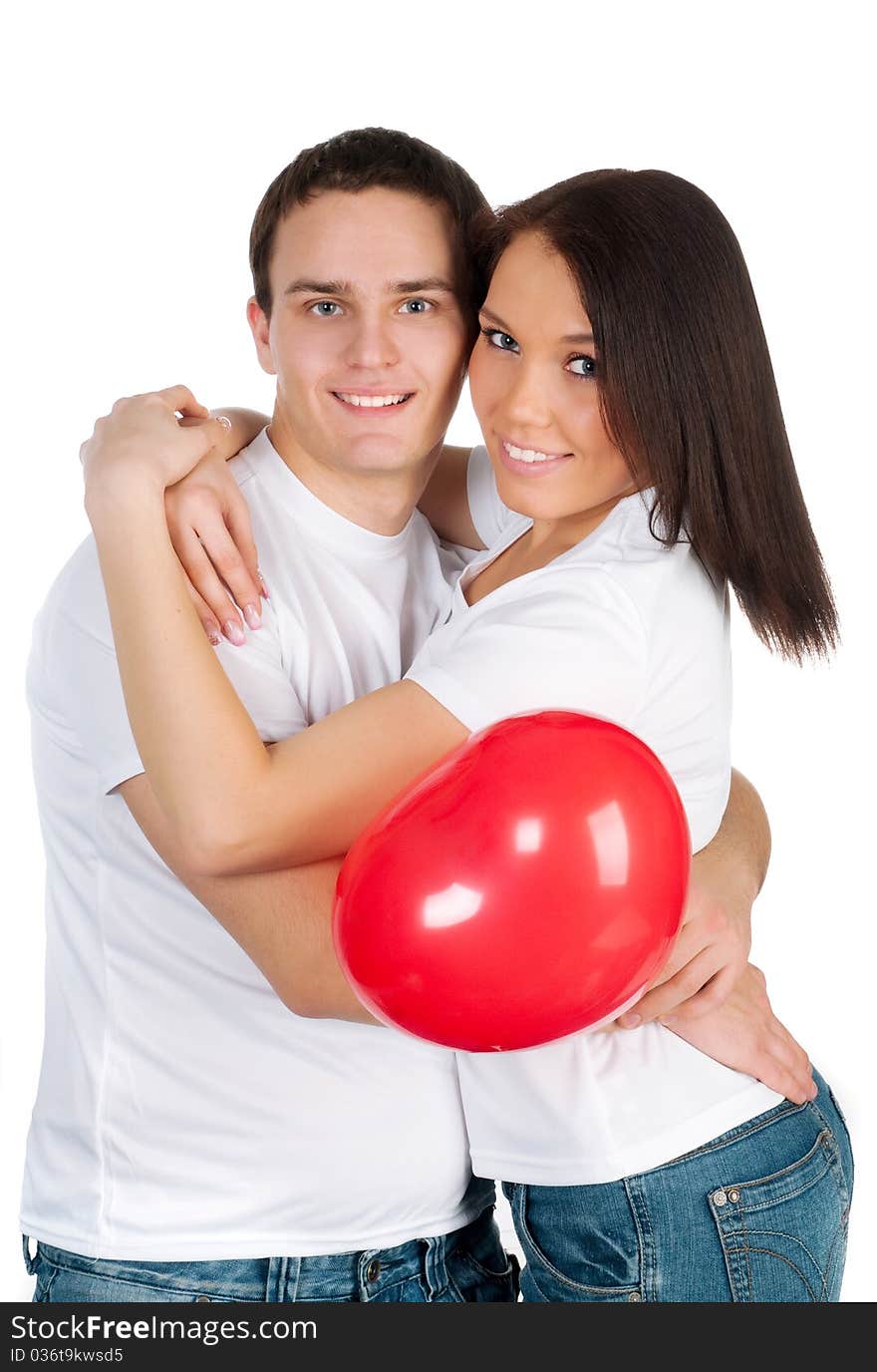 Couple with a red heart on white background