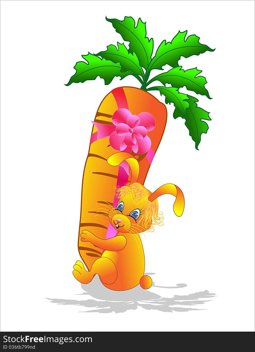 Hare with carrot in a gift. Vector illustration.