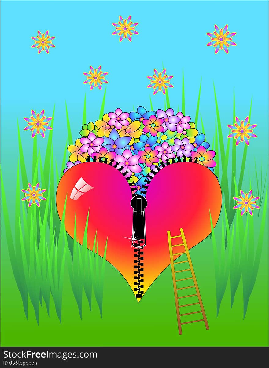 Heart on fastener with flowers. Vector illustration.