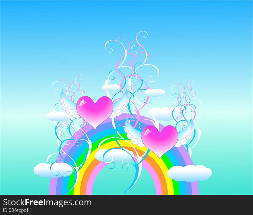 Two winged hearts in the sky. Vector illustration